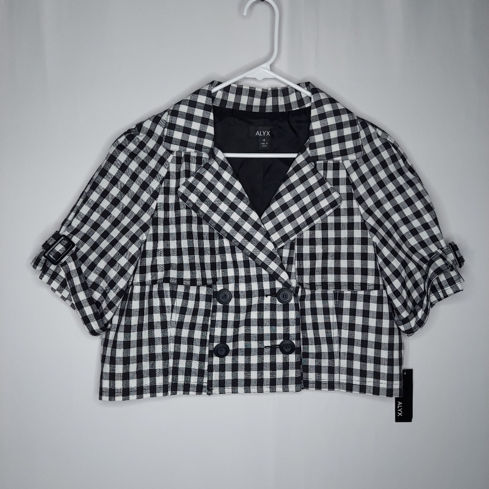 Alyx‎ Short Sleeve Crop Jacket Womens 14 Black White Gingham Dbl-Breasted Preppy